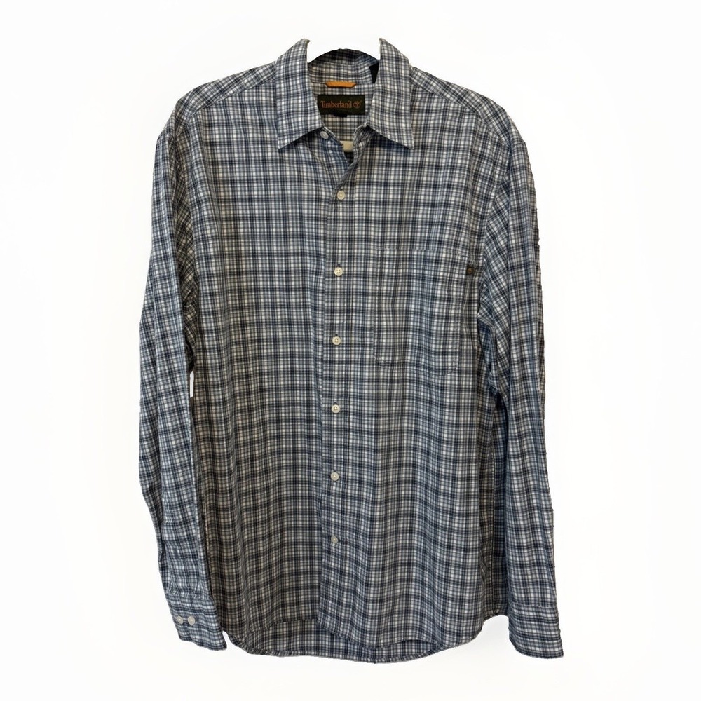 Timberland Mens Plaid Button Down Long Sleeve Outdoor Shirt Gray Blue M 44297